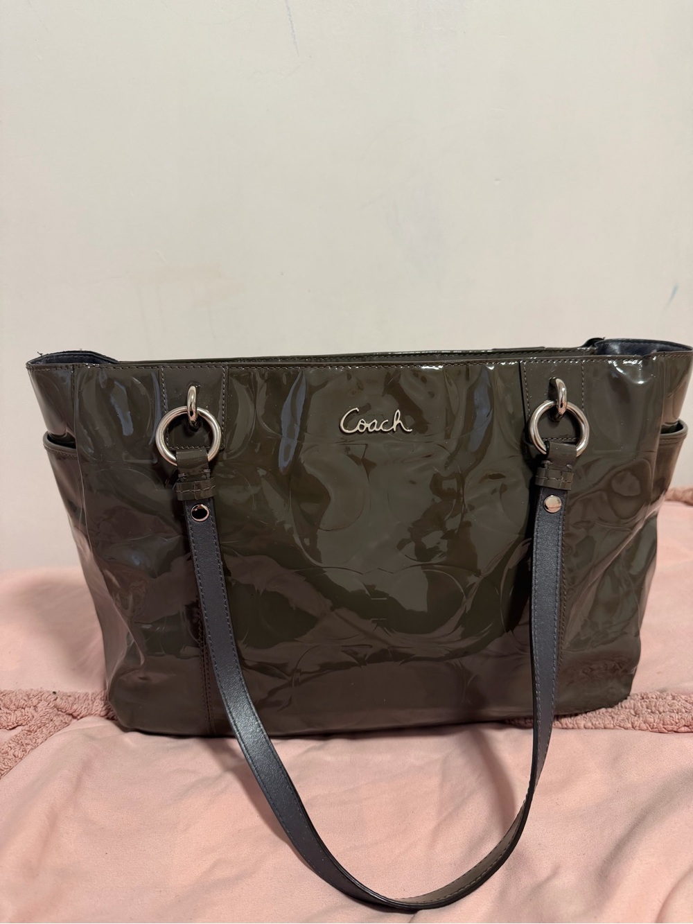 Coach Patent Leather Tote Bag in Dark Olive